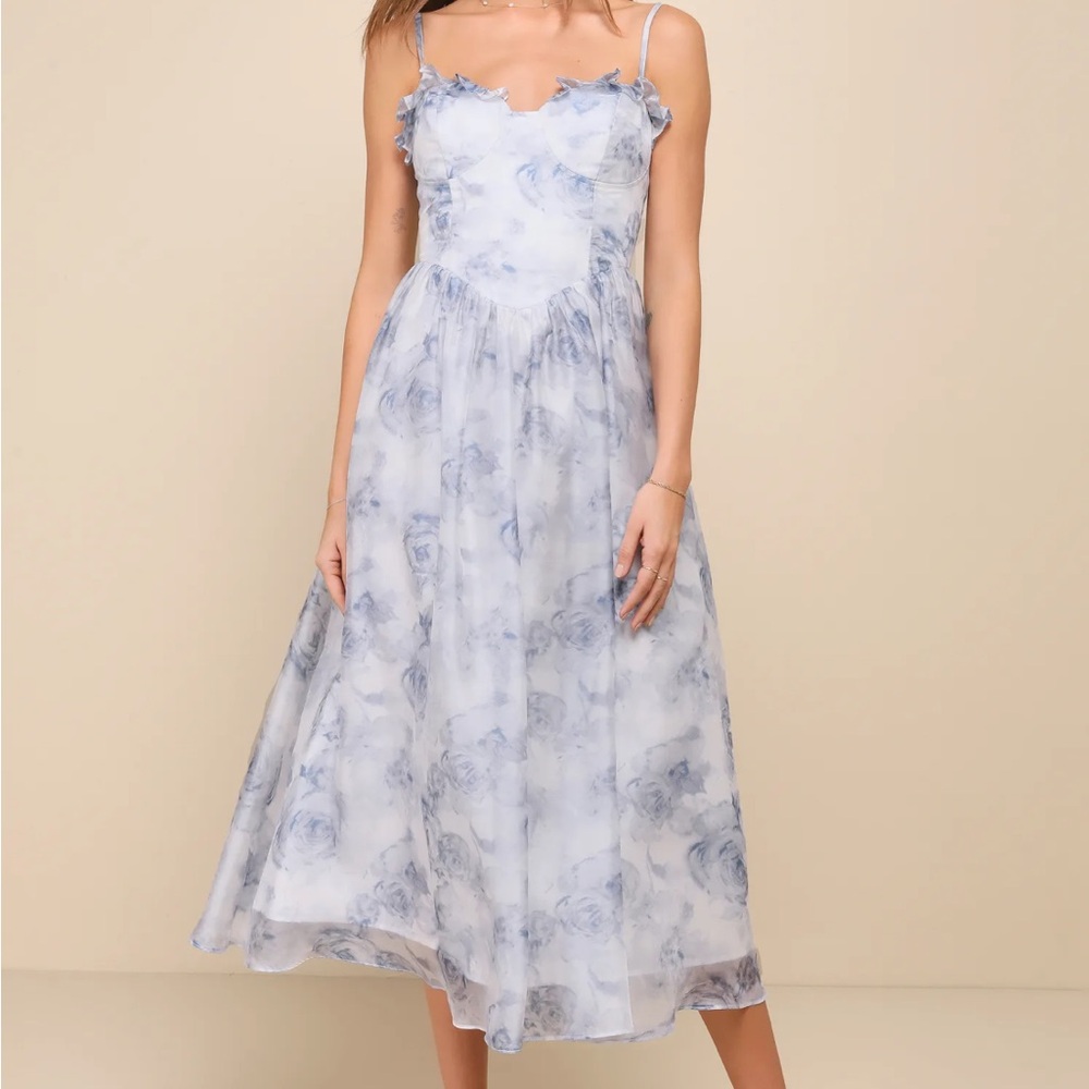 Graceful Simplicity Blue Floral Print Bustier Midi Dress